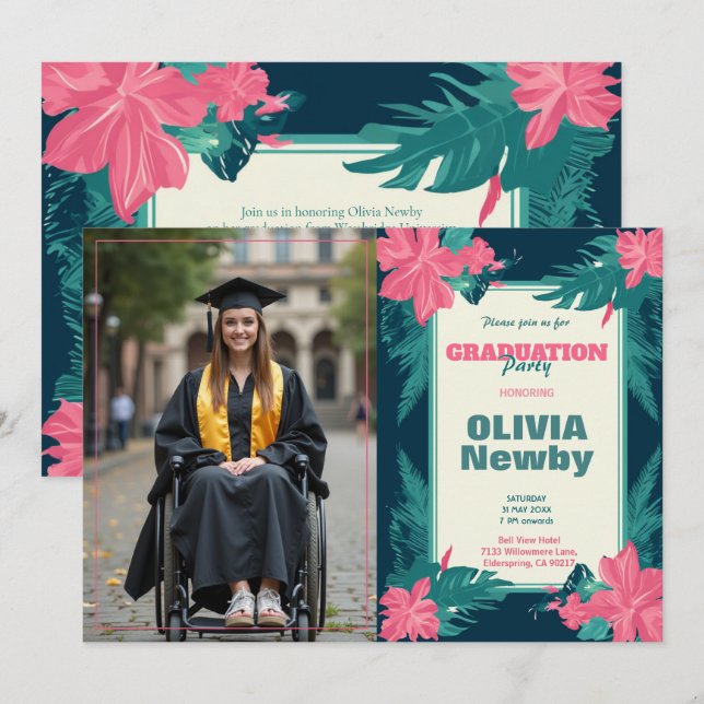 Invitation 🎓Avec code QR Fleur Tropicale Photo (Devant / Derrière)