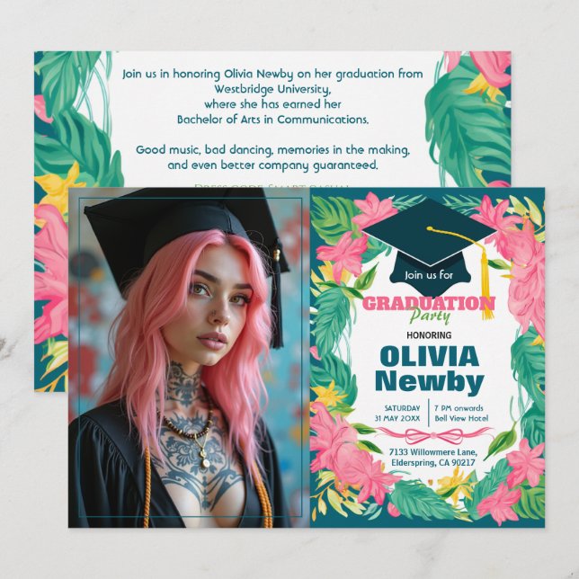 Invitation 🎓Avec code QR Fleur tropicale Photo unique (Devant / Derrière)