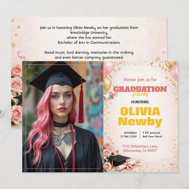 Invitation 🎓Avec code QR Horizontal Floral Rose & Or (Devant / Derrière)