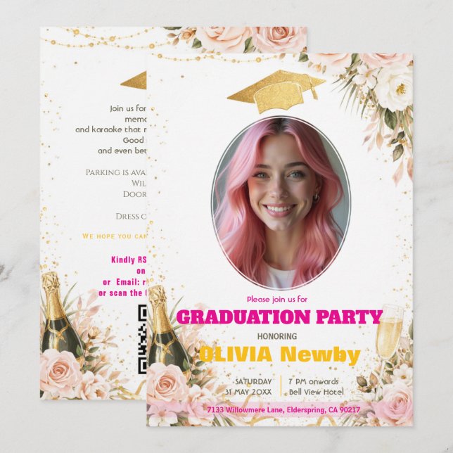 Invitation 🎓Avec code QR Rose et Florale Célébration Diplômé (Devant / Derrière)