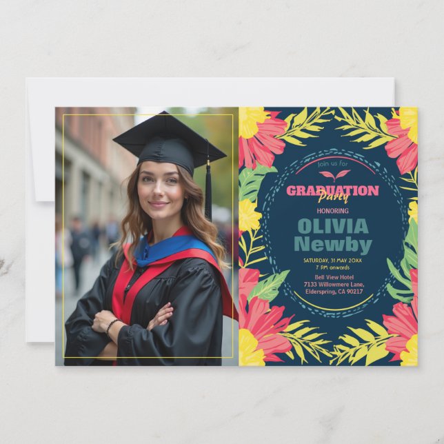 Invitation 🎓Avec code QR Tropical Grad Bloom (Devant)