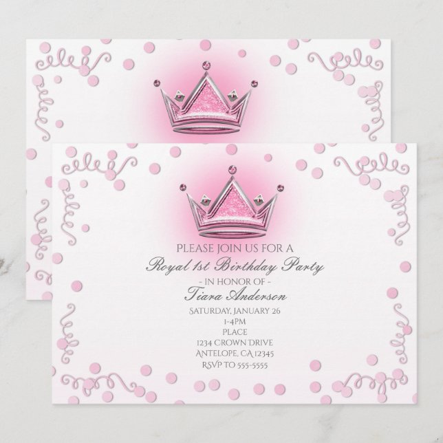 Invitation avec confettis de fête Couronne Rose et (Devant / Derrière)