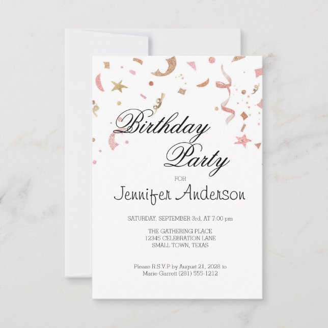 Invitation avec confettis et paillettes or rose (Devant)