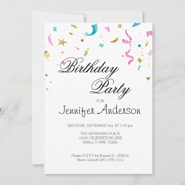 Invitation avec confettis pailletés rose et aqua (Devant)