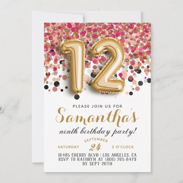Invitation avec confettis pour 12ème anniversaire (Devant)