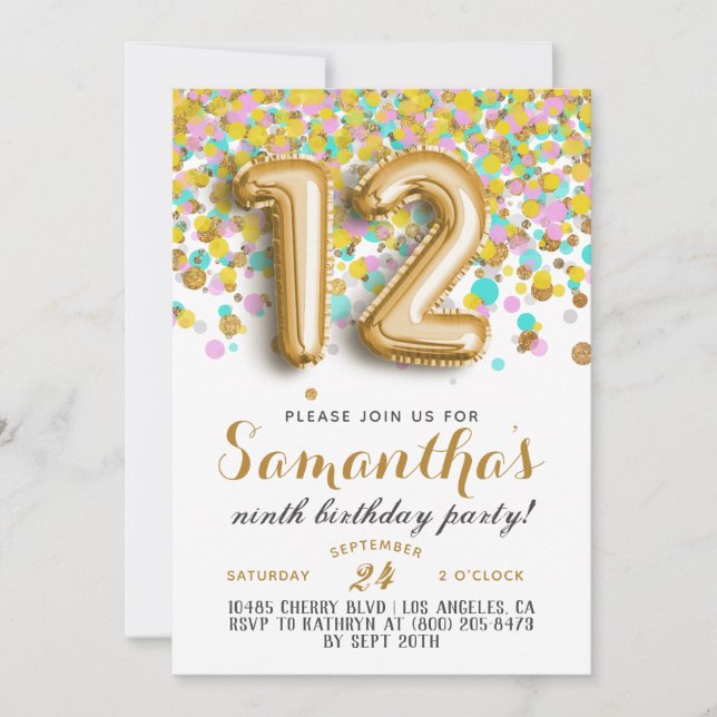 Invitation avec confettis pour 12ème anniversaire (Devant)