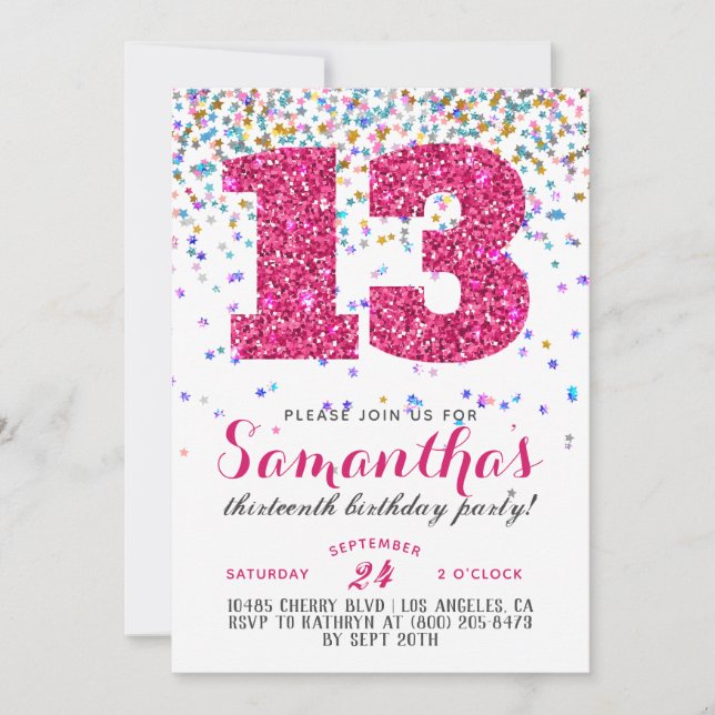 Invitation avec confettis pour 13e anniversaire (Devant)