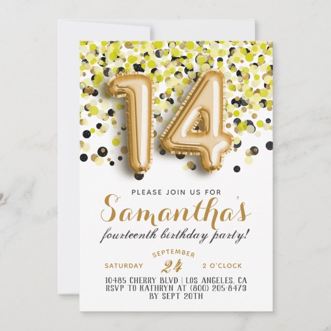Invitation avec confettis pour 14e anniversaire (Devant)