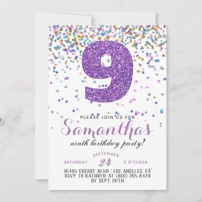Invitation avec confettis pour 9e anniversaire (Devant)