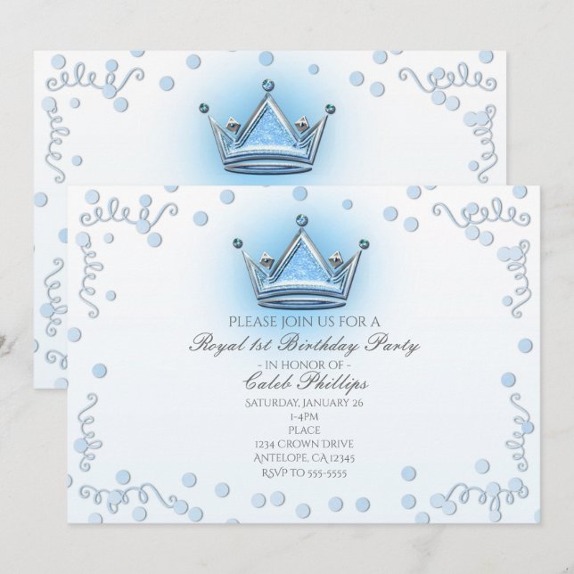Invitation avec confettis pour fête couronne bleue (Devant / Derrière)