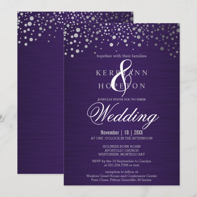 Invitation avec confettis violets et argentés (Devant / Derrière)