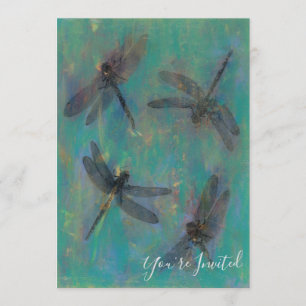 Invitation avec des libellules dans le bleu et le