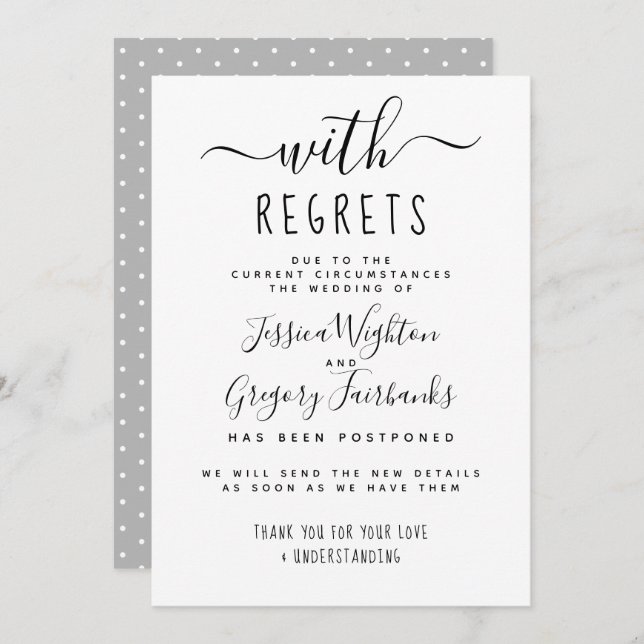 Invitation Avec des regrets Mariage Noir & Blanc reporté (Devant / Derrière)