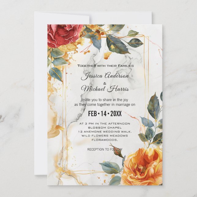 Invitation Avec détails Mariages Marble Dreams : Rose orange (Devant)