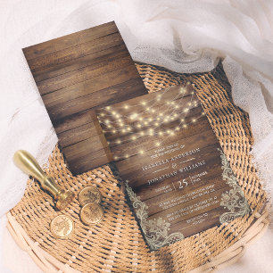 Invitation  avec effet bois ancien et lampes suspendues