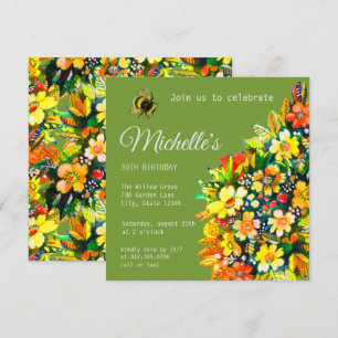 Invitation avec fleurs heureuses et abeille