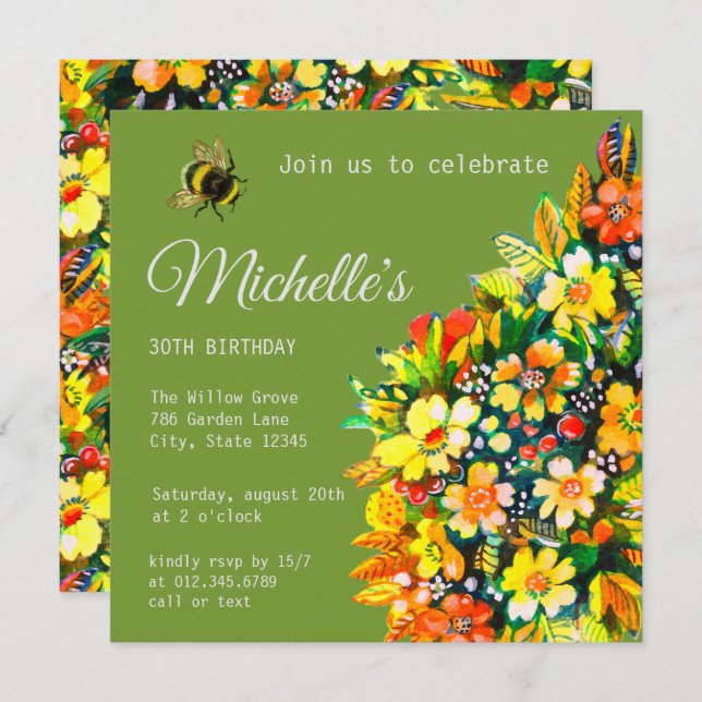 Invitation avec fleurs heureuses et abeilles (Devant / Derrière)