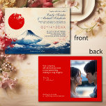 Invitation Avec la photo Japonesque Harmonie avec Fuji<br><div class="desc">Présentation du faire-part de mariage horizontal "Harmonie japonaise avec Fuji". Sur le devant se trouve le majestueux mont Fuji, aux teintes bleu et blanc sereines, entouré de vagues douces qui symbolisent la paix et la splendeur naturelle. Les tons beige et crème doux de l'arrière - plan, ornés de touches rouges...</div>