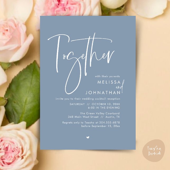 Invitation Avec leurs parents, Réception de mariage (Together with their parents, Wedding Reception Invitation Card PDF Modern clean Dusty Blue)