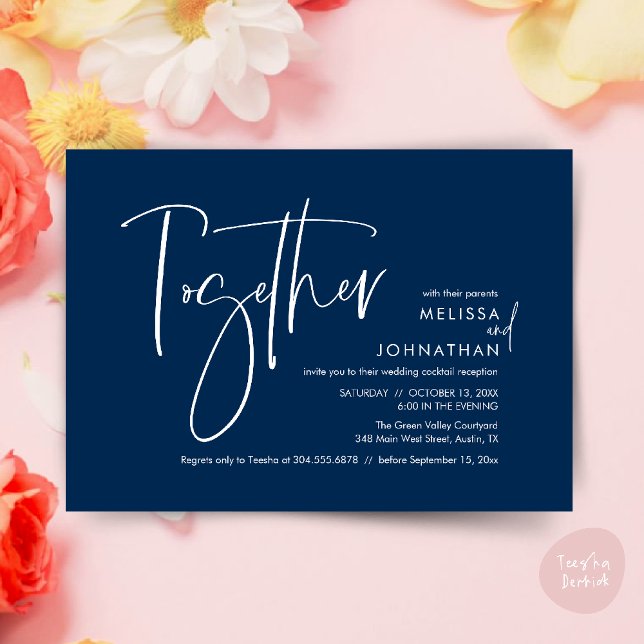 Invitation Avec leurs parents, Réception de mariage (Together with their parents, Wedding Reception Invitation Card PDF Modern clean Navy Blue)