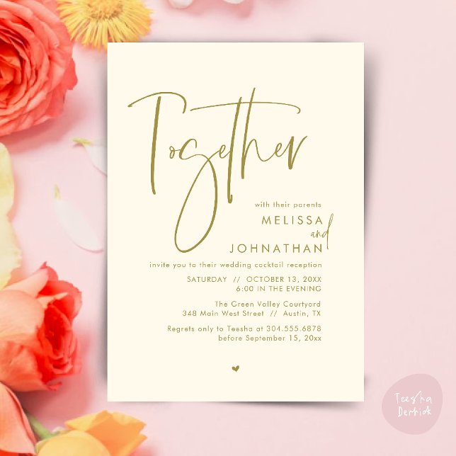 Invitation Avec leurs parents, Réception de mariage (Together with their parents, Wedding Reception Invitation Card PDF Modern clean Yellow Gold)