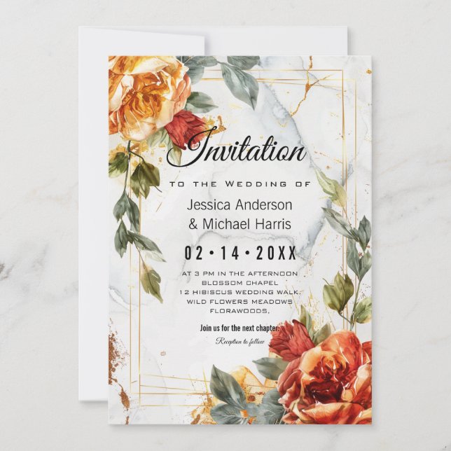 Invitation Avec poème Marble Dreams : Orange Rose Elegance (Devant)