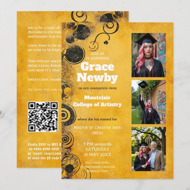 Invitation 🎓Avec QR Artistic Flourish Graduation (Devant / Derrière)
