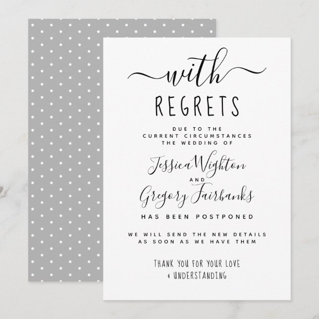 Invitation Avec regrets Mariage Noir & Blanc reporté (Devant / Derrière)