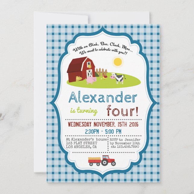 INVITATION AVEC UN OINK, BAA, CLUCK, MOO FARM ANNIVERSAIRE (Devant)