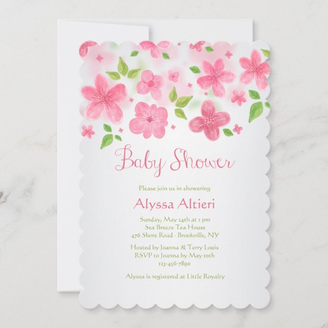 Invitation avec une bordure de fleurs roses (Devant)