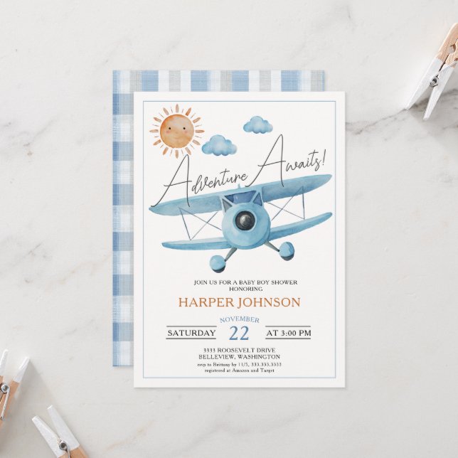 Invitation Aventure Attend Fête Prénatale Bébé Garçon Avion (Devant/Arrière en situation)
