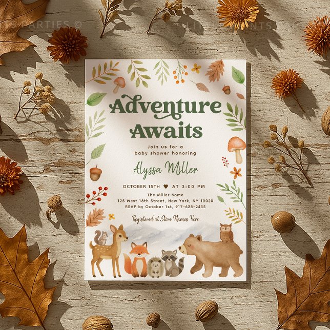 Invitation Aventure Attend le Baby shower des animaux des boi (Sweet woodland animal baby shower invitation in cozy autumn colors 🍁🦔🦊)