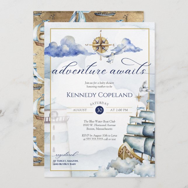 Invitation Aventure Await - Baby shower Nautical Dream Ship (Devant / Derrière)