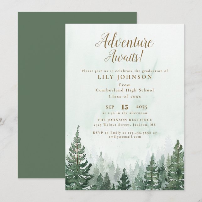 Invitation Aventure Await Pine Tree Forest Graduation Party (Devant / Derrière)
