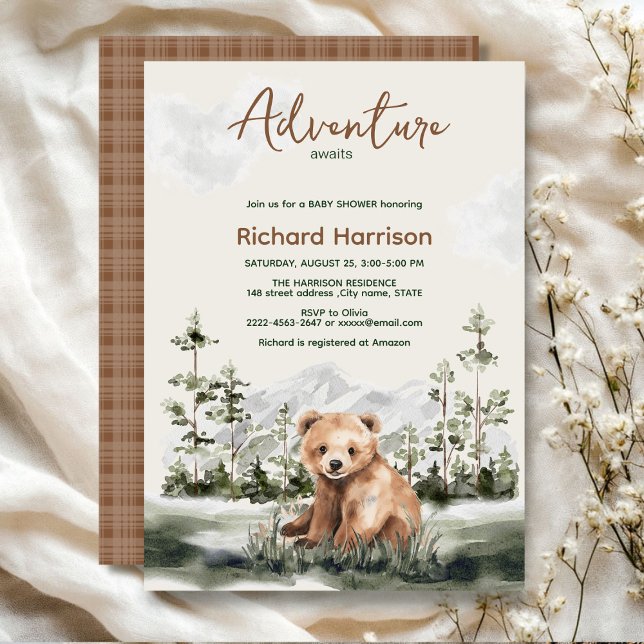 Invitation Aventure awaitswatercolor baby shower d'ours de fo (Adventure awaits cute watercolor bear, green forest, woodland theme baby shower invitation )