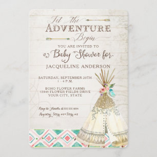 Invitation Aventure Baby shower Girl Teepee Wood Flèches Art