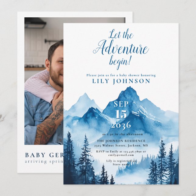 Invitation Aventure Begin Mountain Baby shower Photo QR Code (Devant / Derrière)
