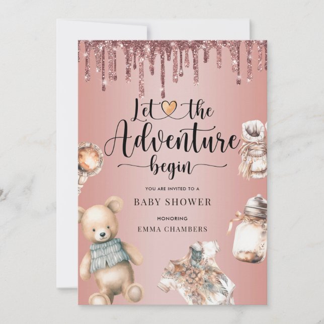 Invitation Aventure commence Baby shower Rose Parties scintil (Devant)