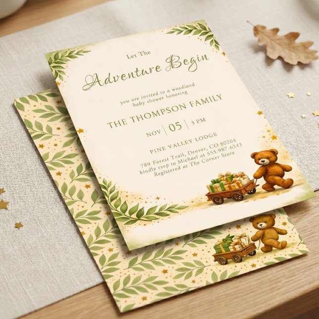 Invitation Aventure Commence Bois Ours Sauge Verdure (Adventure Begin Woodland Bear Sage Greenery Invitation)