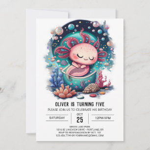 Invitation Aventure d'anniversaire sous-marine Axolotl