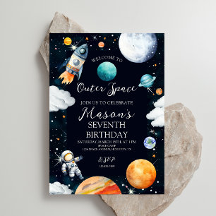 Invitation Aventure dans l'espace en aquarelle pour garçon d'