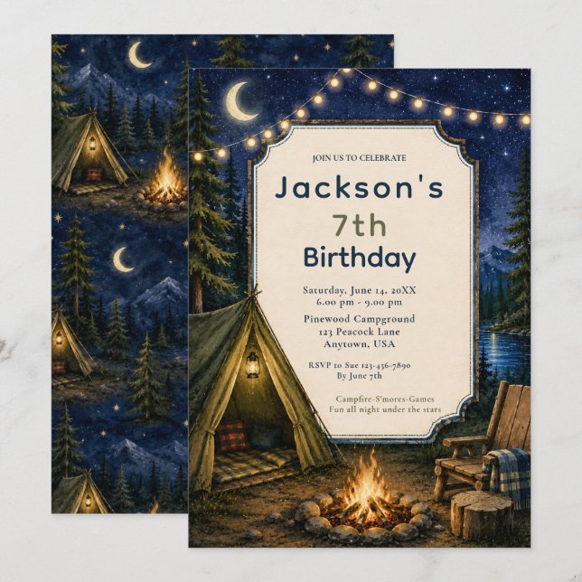 Invitation Aventure de feu de camp d'anniversaire en forêt (Devant / Derrière)