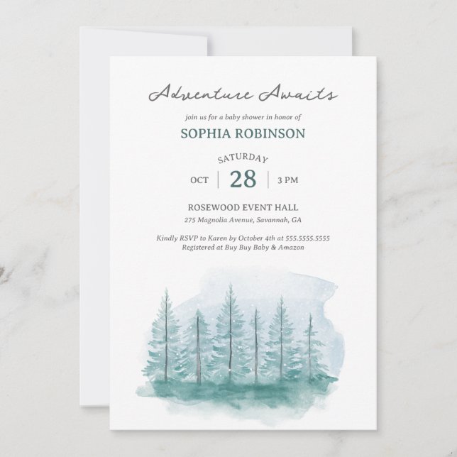 Invitation Aventure de forêt de pins bleue à l'aquarelle en a (Devant)