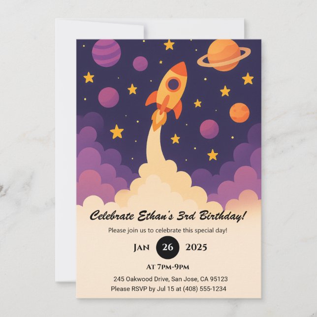 Invitation  Aventure de fusée et anniversaire de la galaxie v (Devant)