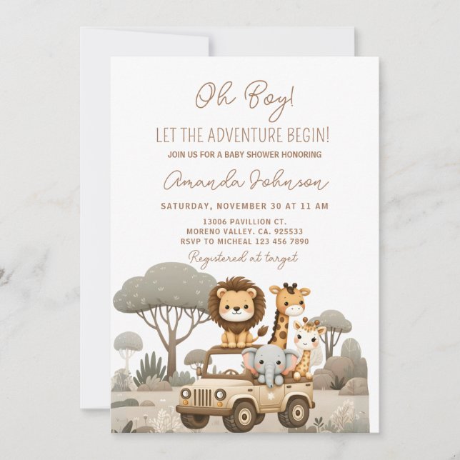 Invitation Aventure des Animaux de la Forêt Bébé Shower Comme (Devant)