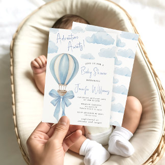 Invitation Aventure en montgolfière bleue chaude pour la baby