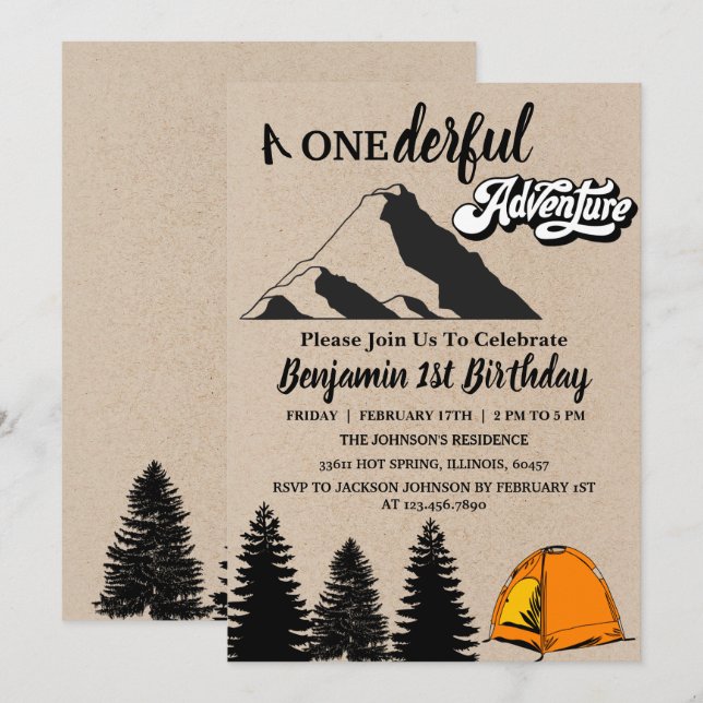 Invitation Aventure rustique Première Anniversaire  (Devant / Derrière)