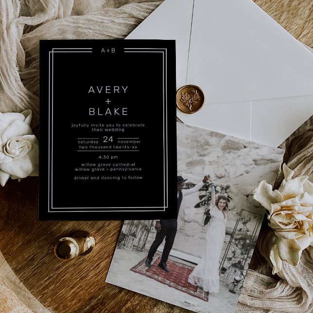 Invitation AVERA moderne Black Monochrome Mariage photo (AVERY Modern Black Monochrome Photo Wedding Invitation)