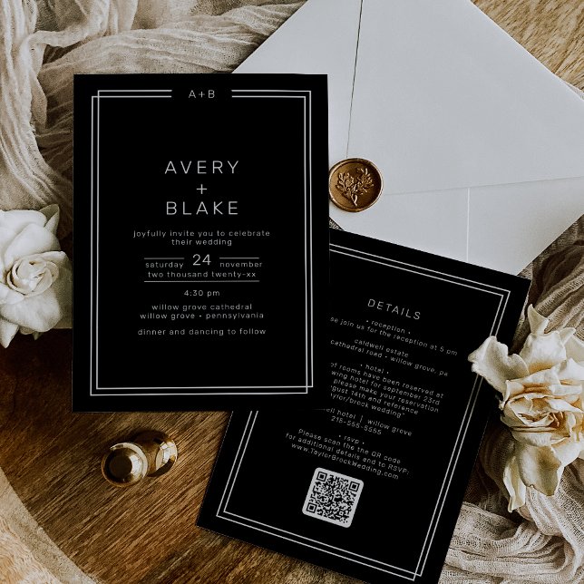 Invitation AVERA moderne noir double cadre QR Code Mariage (AVERY Modern Black Double Frame QR Code Wedding Invitation)