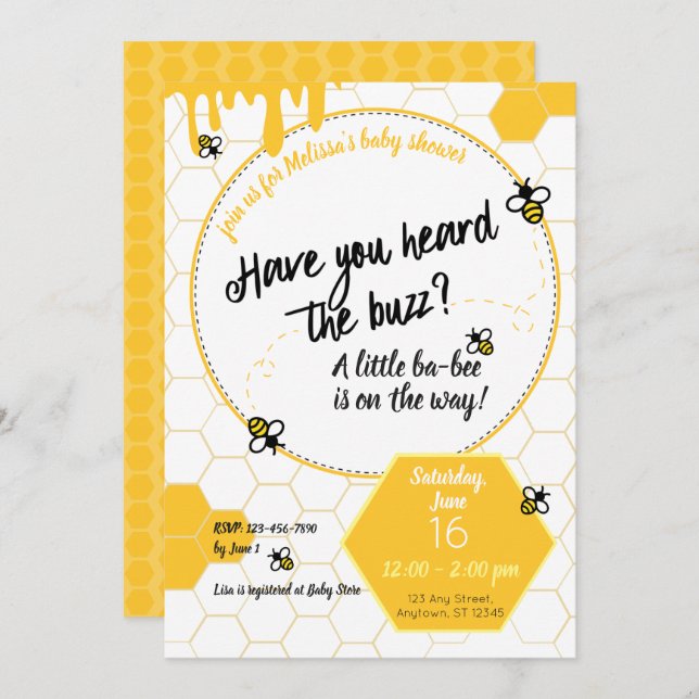 Invitation Avez-vous entendu le Buzz ? Thème baby shower Bee (Devant / Derrière)